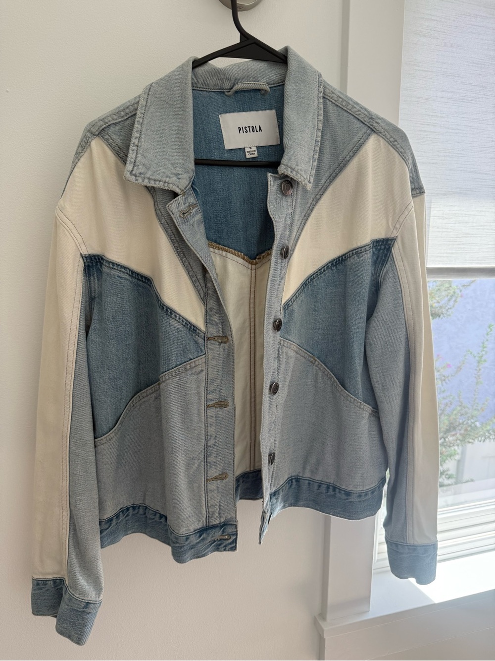 pistola Two-Tone Light Blue and Cream Patchwork Denim Jacket